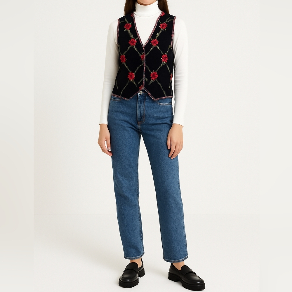VINTAGE CASEY & MAX Embroidered Velvet & Plaid Vest | M | Cabin Core Holiday